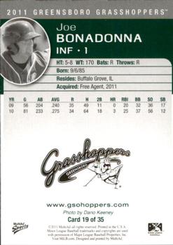 2011 MultiAd Greensboro Grasshoppers #19 Joe Bonadonna Back