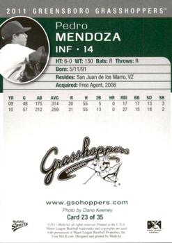 2011 MultiAd Greensboro Grasshoppers #23 Pedro Mendoza Back