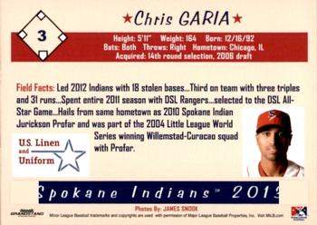 2013 Grandstand Spokane Indians #NNO Chris Garia Back