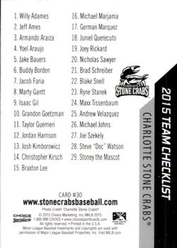 2015 Choice Charlotte Stone Crabs #30 Cover Card / Checklist Back