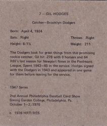 1976-77 HRT/RES 1947 Bowman #7 Gil Hodges Back