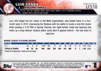 2016 Topps Update #US18 Luis Cessa Back