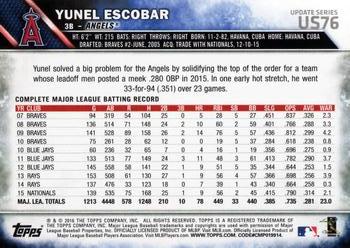 2016 Topps Update #US76 Yunel Escobar Back