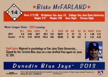 2013 Grandstand Dunedin Blue Jays #NNO Blake McFarland Back