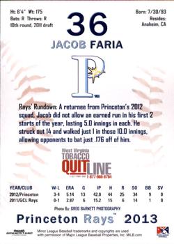 2013 Grandstand Princeton Rays #NNO Jacob Faria Back