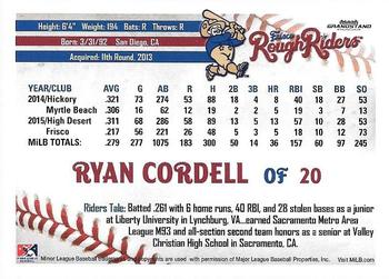 2016 Grandstand Frisco RoughRiders #NNO Ryan Cordell Back