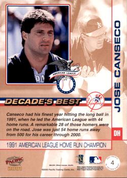 2001 Pacific - AL Decade's Best #4 Jose Canseco  Back