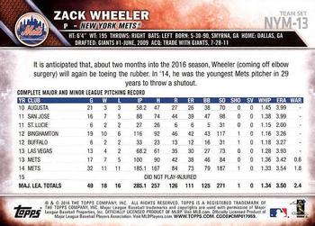 2016 Topps New York Mets #NYM-13 Zack Wheeler Back