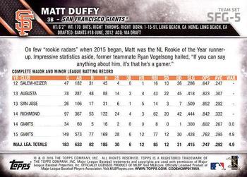 2016 Topps San Francisco Giants #SFG-5 Matt Duffy Back