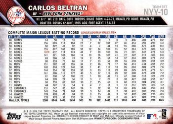 2016 Topps New York Yankees #NYY-10 Carlos Beltran Back