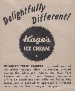 1950 Hage's Dairy #NNO Red Embree Back