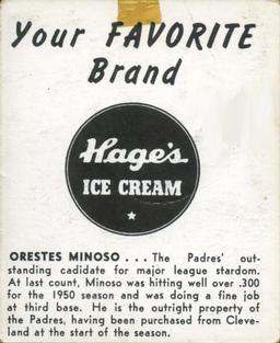 1950 Hage's Dairy #NNO Orestes Minoso Back
