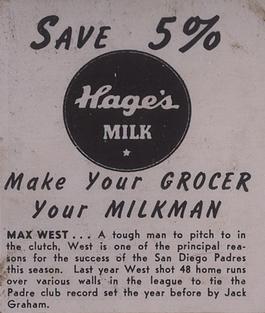 1950 Hage's Dairy #NNO Max West Back
