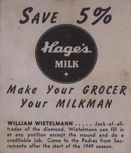 1950 Hage's Dairy #NNO Whitey Wietelmann Back