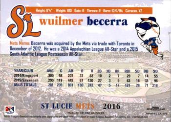 2016 Grandstand St. Lucie Mets #NNO Wuilmer Becerra Back