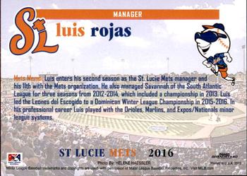 2016 Grandstand St. Lucie Mets #NNO Luis Rojas Back