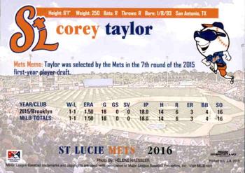 2016 Grandstand St. Lucie Mets #NNO Corey Taylor Back