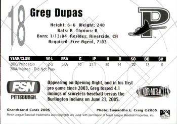 2005 Grandstand Princeton Devil Rays #NNO Greg Dupas Back