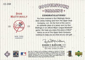 2001 SP Authentic - Cooperstown Calling Game Jersey #CC-DM Don Mattingly  Back