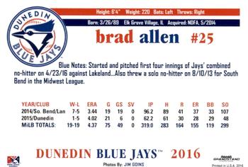2016 Grandstand Dunedin Blue Jays #NNO Brad Allen Back