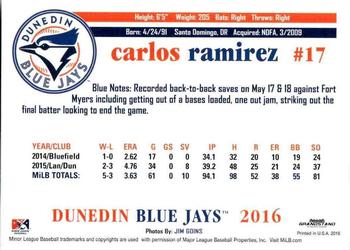 2016 Grandstand Dunedin Blue Jays #NNO Carlos Ramirez Back
