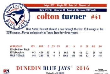 2016 Grandstand Dunedin Blue Jays #NNO Colton Turner Back