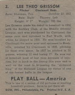 1939 Play Ball #2 Lee Grissom Back