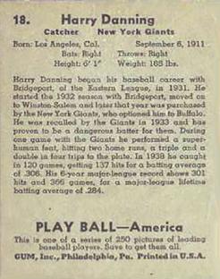 1939 Play Ball #18 Harry Danning Back