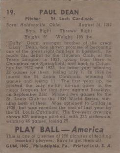 1939 Play Ball #19 Paul Dean Back