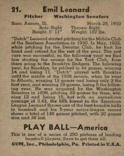 1939 Play Ball #21 Dutch Leonard Back
