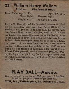 1939 Play Ball #22 Bucky Walters Back