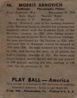 1939 Play Ball #46 Morrie Arnovich Back