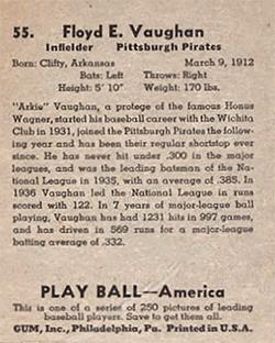 1939 Play Ball #55 Arky Vaughan Back