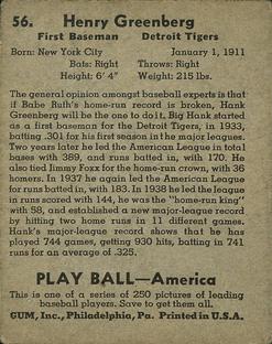 1939 Play Ball #56 Hank Greenberg Back