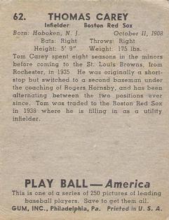 1939 Play Ball #62 Thomas Carey Back