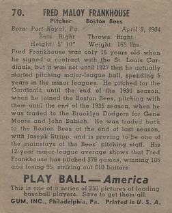 1939 Play Ball #70 Fred Frankhouse Back