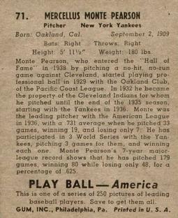 1939 Play Ball #71 Monte Pearson Back