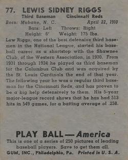 1939 Play Ball #77 Lew Riggs Back