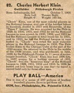 1939 Play Ball #82 Chuck Klein Back