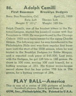 1939 Play Ball #86 Adolph Camilli Back