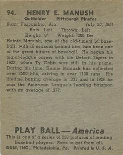 1939 Play Ball #94 Heinie Manush Back