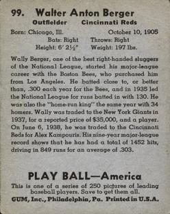 1939 Play Ball #99 Wally Berger Back
