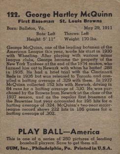 1939 Play Ball #122 George McQuinn Back