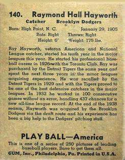 1939 Play Ball #140 Ray Hayworth Back
