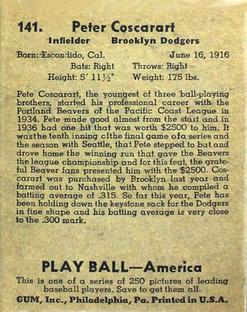 1939 Play Ball #141 Peter Coscarart Back