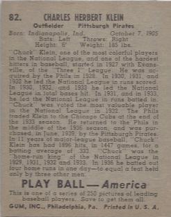 1939 Play Ball #82 Chuck Klein Back