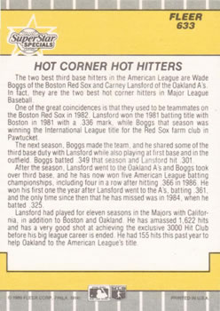 1989 Fleer #633 Hot Corner's -- Hot Hitters (Wade Boggs / Carney Lansford) Back