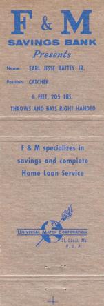 1961 F&M Savings Bank / Universal Match Minnesota Twins Matchbooks #NNO Earl Battey Back