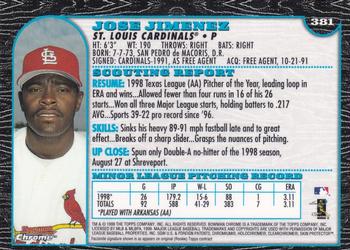 1999 Bowman Chrome #381 Jose Jimenez Back