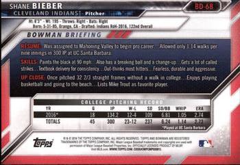 2016 Bowman Draft #BD-68 Shane Bieber Back